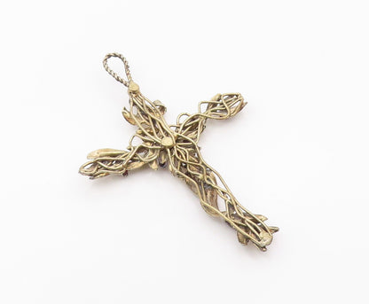 925 Sterling Silver Vintage Large Garnet Leaf Religious Cross Pendant PT21019