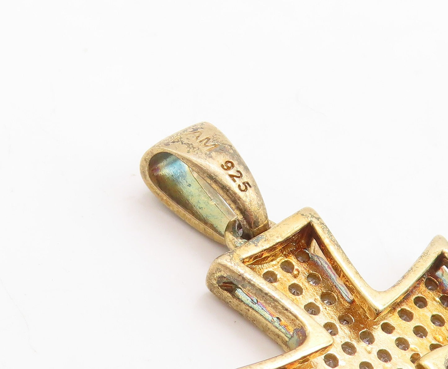 925 Sterling Silver Vintage Pendant Gold Plated CZ Inlay Cutout Cross  PT23696