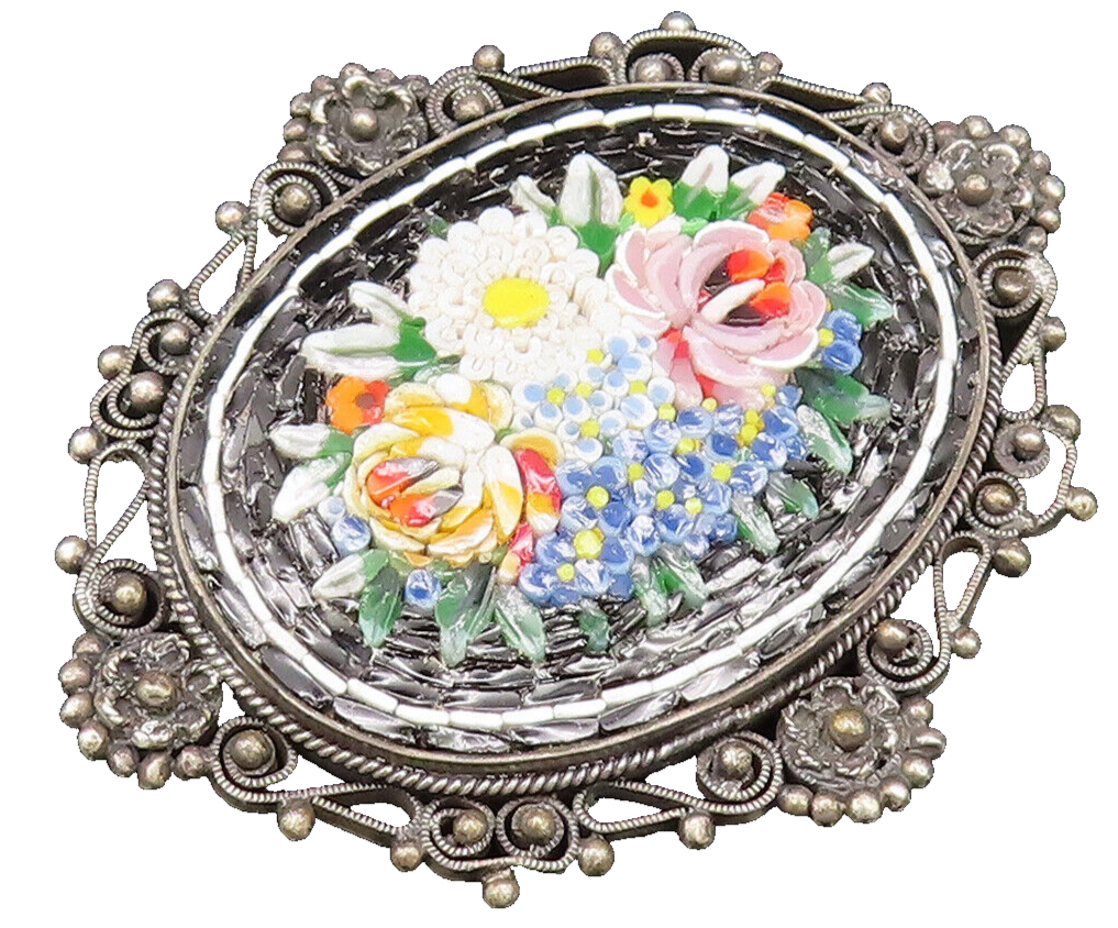 925 Sterling Silver Vintage Floral Enamel Art Beaded Border Brooch Pin BP10053