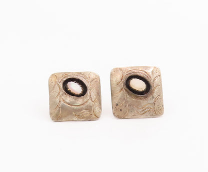 925 Sterling Silver Vintage Earrings NAVAJO Oval Gemstone Square Carved  EG12975