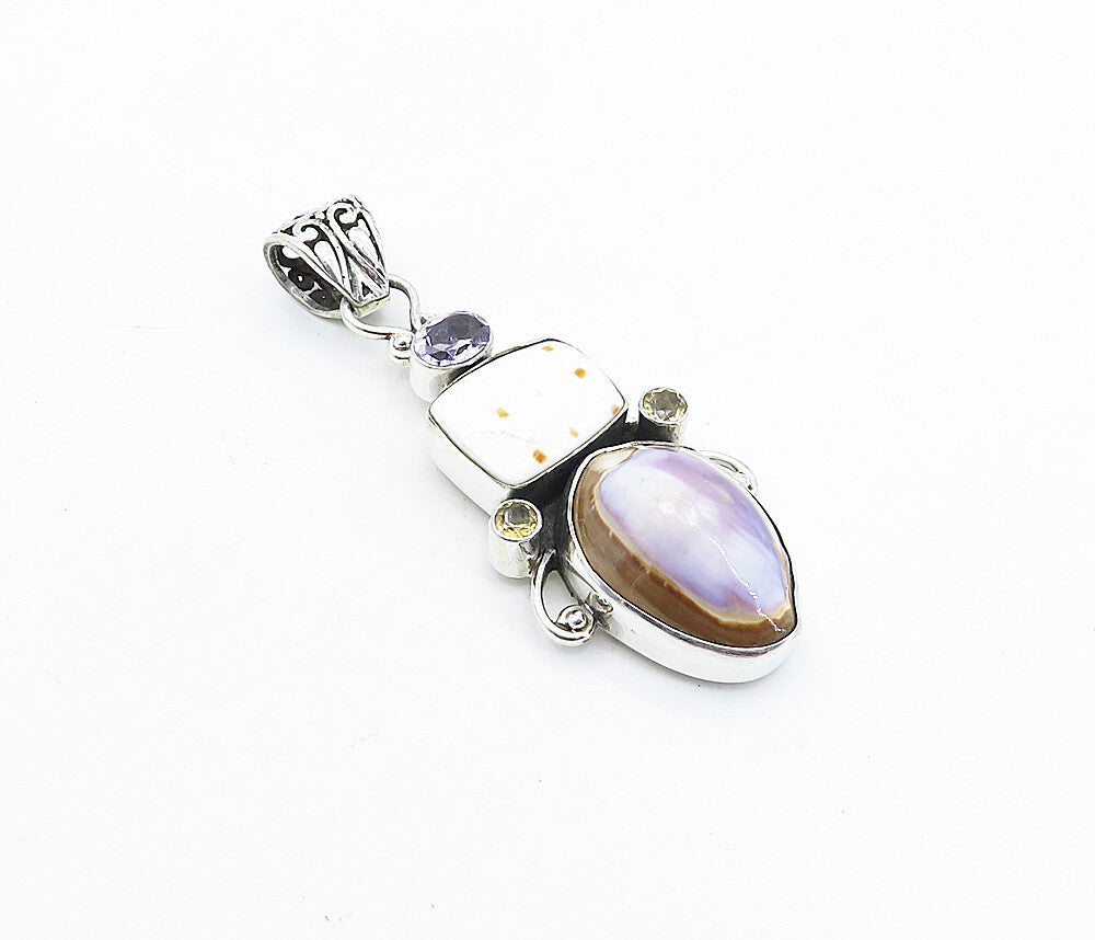 925 Sterling Silver  Vintage Cowrie & Spotted Shell & Amethyst Pendant  PT3102