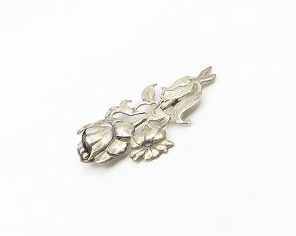 925 Sterling Silver  Vintage Antique Shiny Blooming Flowers Brooch Pin  BP7380