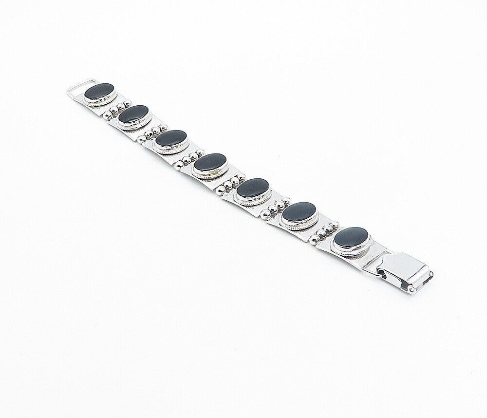 925 Sterling Silver Black Onyx Panel Hinge Link Shiny Chain Bracelet  BT3509