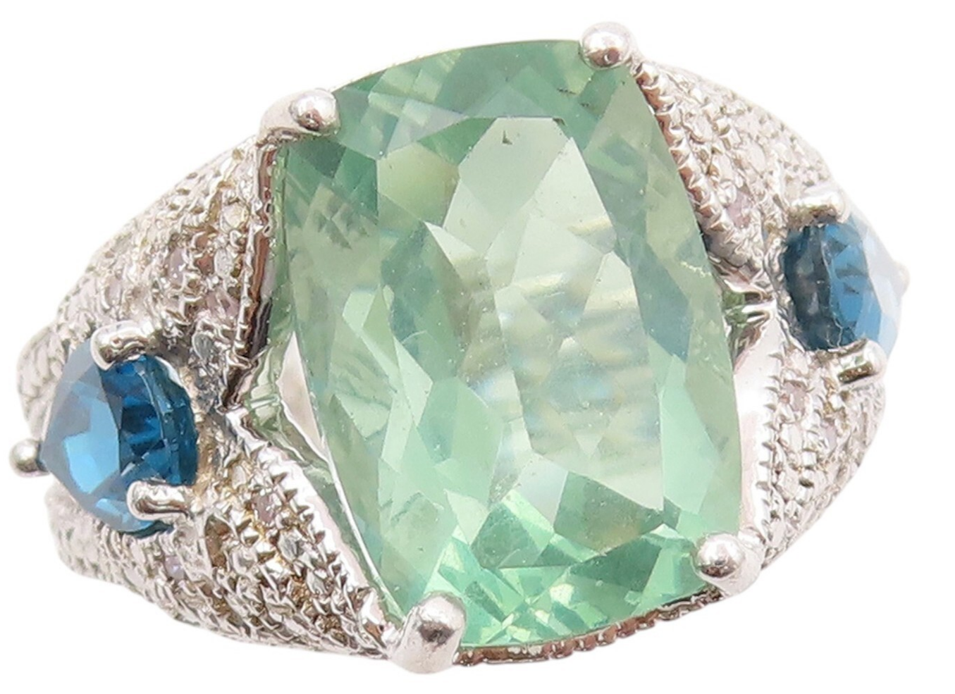 925 Sterling Silver Vintage Ring Large Green Topaz & Blue Sapphire RG31934