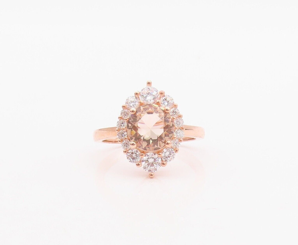 925 Sterling Silver Vintage Ring Rose Gold Plated Morganite & CZ  Sz 7  RG30074