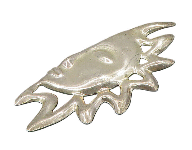 MEXICO 925 Sterling Silver  Vintage Shiny Half Sun Face Brooch Pin  BP8987