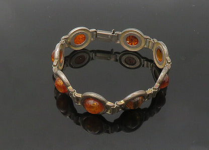 ZW POLAND 925 Silver  Vintage Cabochon Cut Amber Chain Bracelet  BT8503