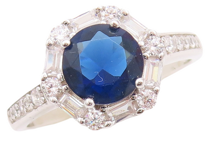 925 Sterling Silver Vintage Ring Round Cut Sapphire Halo CZ  Sz 7  RG29652
