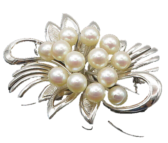 925 Sterling Silver  Vintage Shiny Pearl Cluster Ribbon Brooch Pin  BP8686