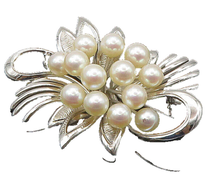 925 Sterling Silver  Vintage Shiny Pearl Cluster Ribbon Brooch Pin  BP8686
