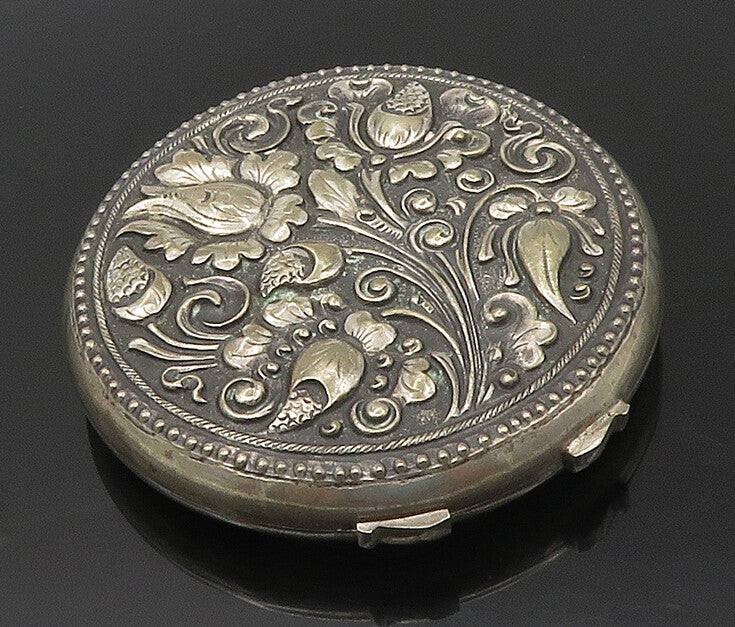 925 Sterling Silver  Vintage Floral Swirl Oxidized Compact (OPENS)  TR2375