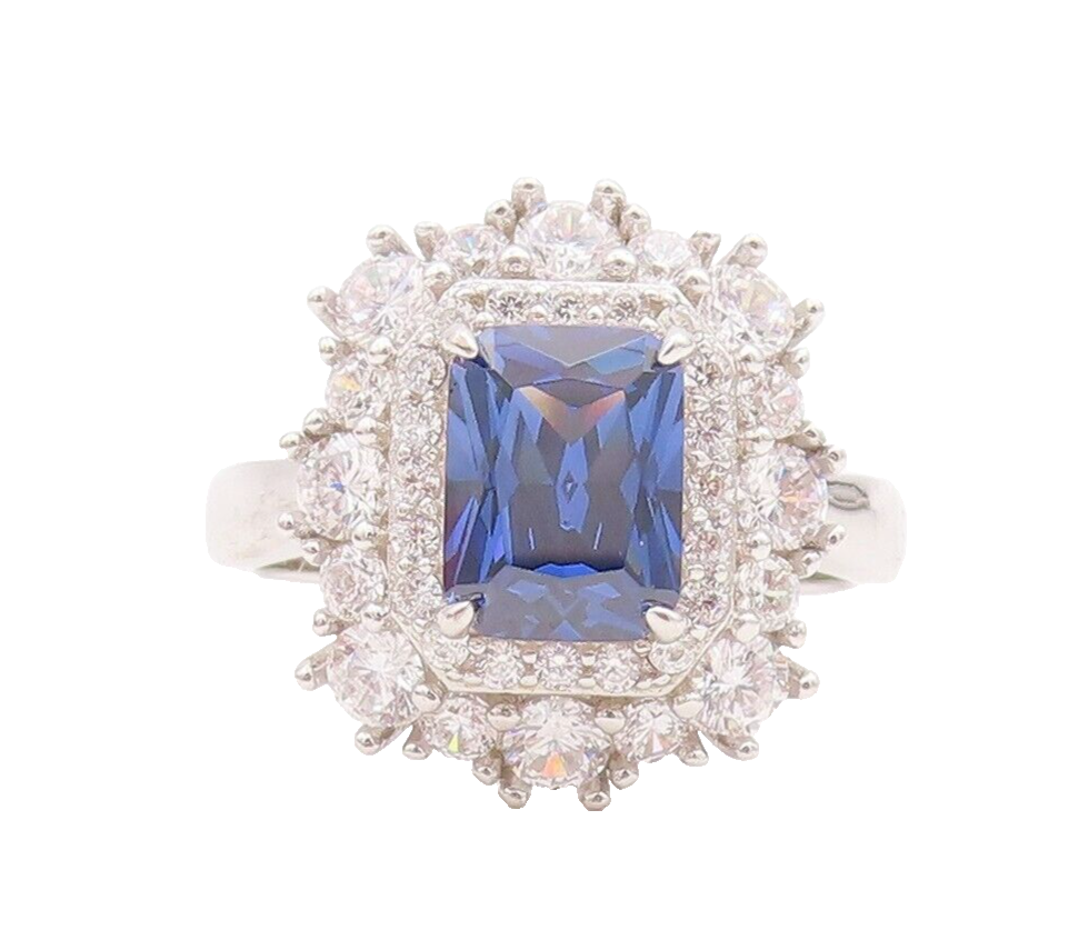 925 Sterling Silver Vintage Ring Blue Rectangle & Round Halo CZ  Sz 7  RG29163