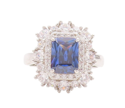 925 Sterling Silver Vintage Ring Blue Rectangle & Round Halo CZ  Sz 7  RG29163