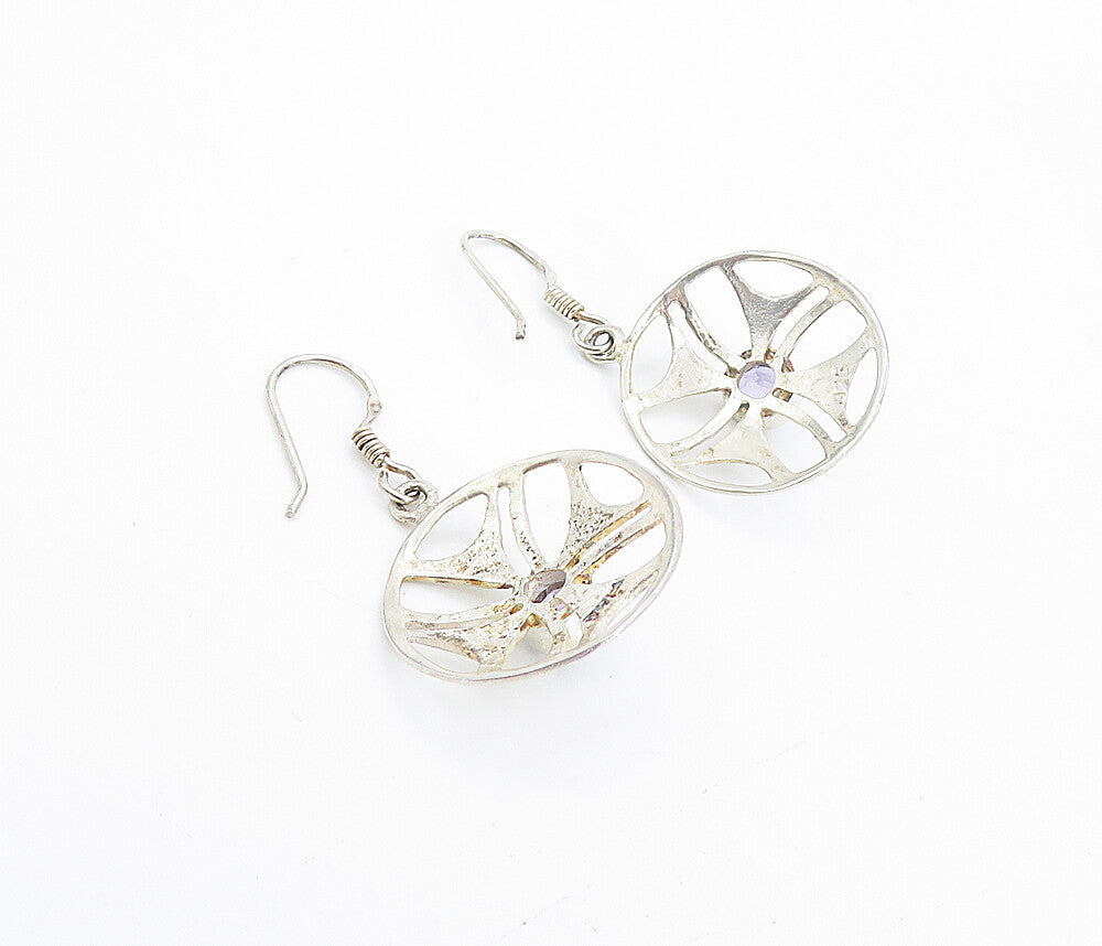 925 Sterling Silver  Amethyst Open Design Round Shiny Dangle Earrings  EG3585