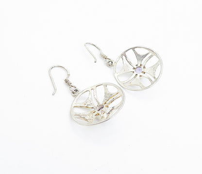 925 Sterling Silver  Amethyst Open Design Round Shiny Dangle Earrings  EG3585