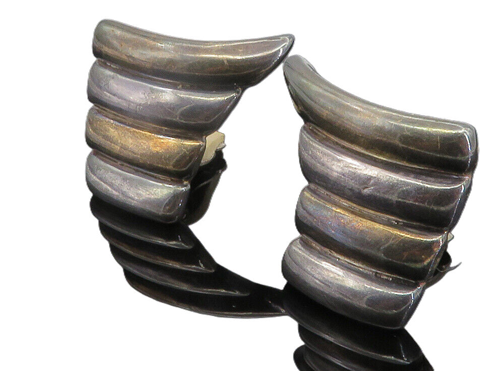 925 Sterling Silver  Vintage Modernist Oxidized Non Pierce Earrings  EG2903