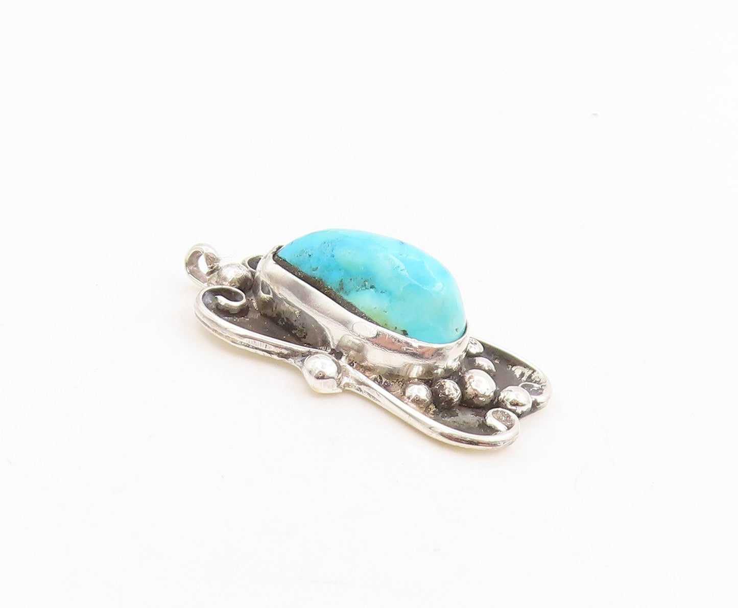 925 Sterling Silver Vintage Pendant Blue Turquoise Bohemian Design Charm PT25292