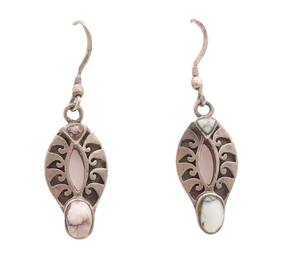925 Sterling Silver Vintage Earrings Dark Tone Trible Carved Gemstone  EG13244