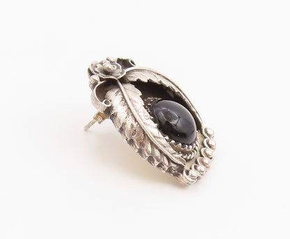 925 Sterling Silver Vintage Earrings NAVAJO Black Onyx Floral Leaf Motif EG14216