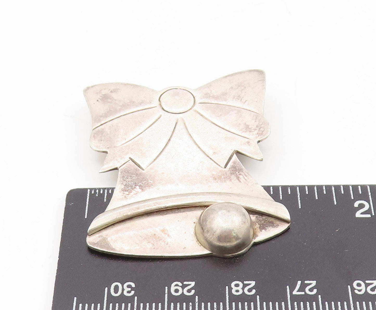 925 Sterling Silver Vintage Brooch MEXICO Etched Christmas Bow & Bell  BP12131