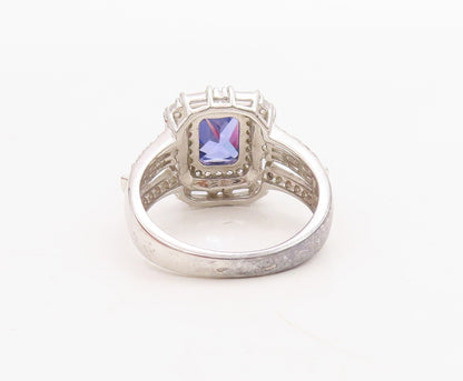 925 Sterling Silver Vintage Ring Rectangle Sapphire Halo CZ Inlay  Sz 7  RG30745