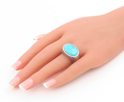925 Sterling Silver Vintage Ring Oval Turquoise Open Scrollwork  Sz 7  RG34665