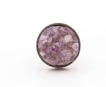 925 Sterling Silver Vintage Ring Dark Tone Round Rough Amethyst  Sz 7  RG32737