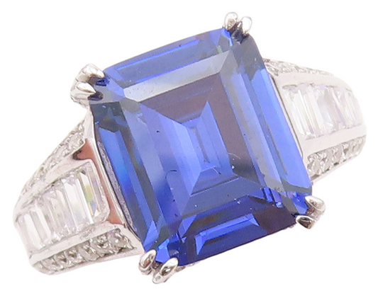 925 Sterling Silver Vintage Ring Designer Rectangle Sapphire CZ  Sz 7  RG30348