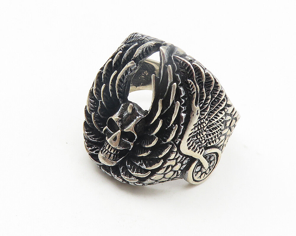 925 Sterling Silver  Vintage Skull With Wings Band Ring Sz 10.5  RG11245