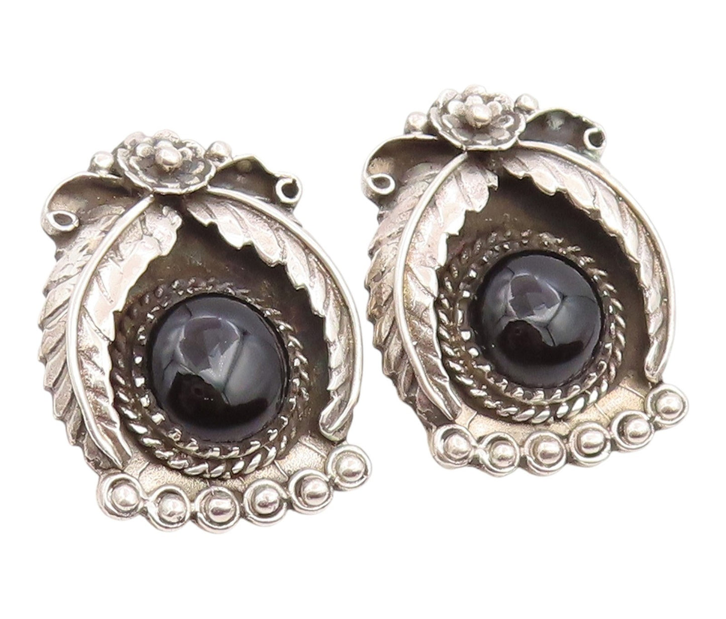 925 Sterling Silver Vintage Earrings NAVAJO Black Onyx Floral Leaf Motif EG14216