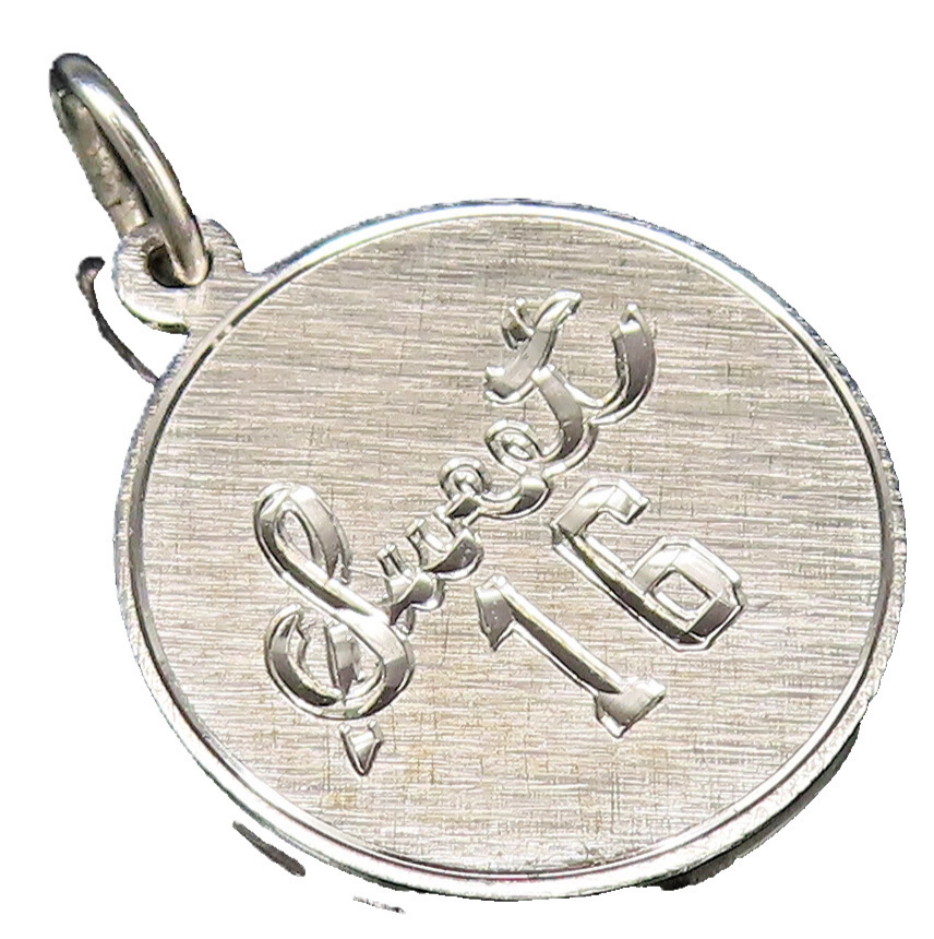925 Sterling Silver  Vintage Sweet 16 Brushed Finish Medal Pendant  PT20922