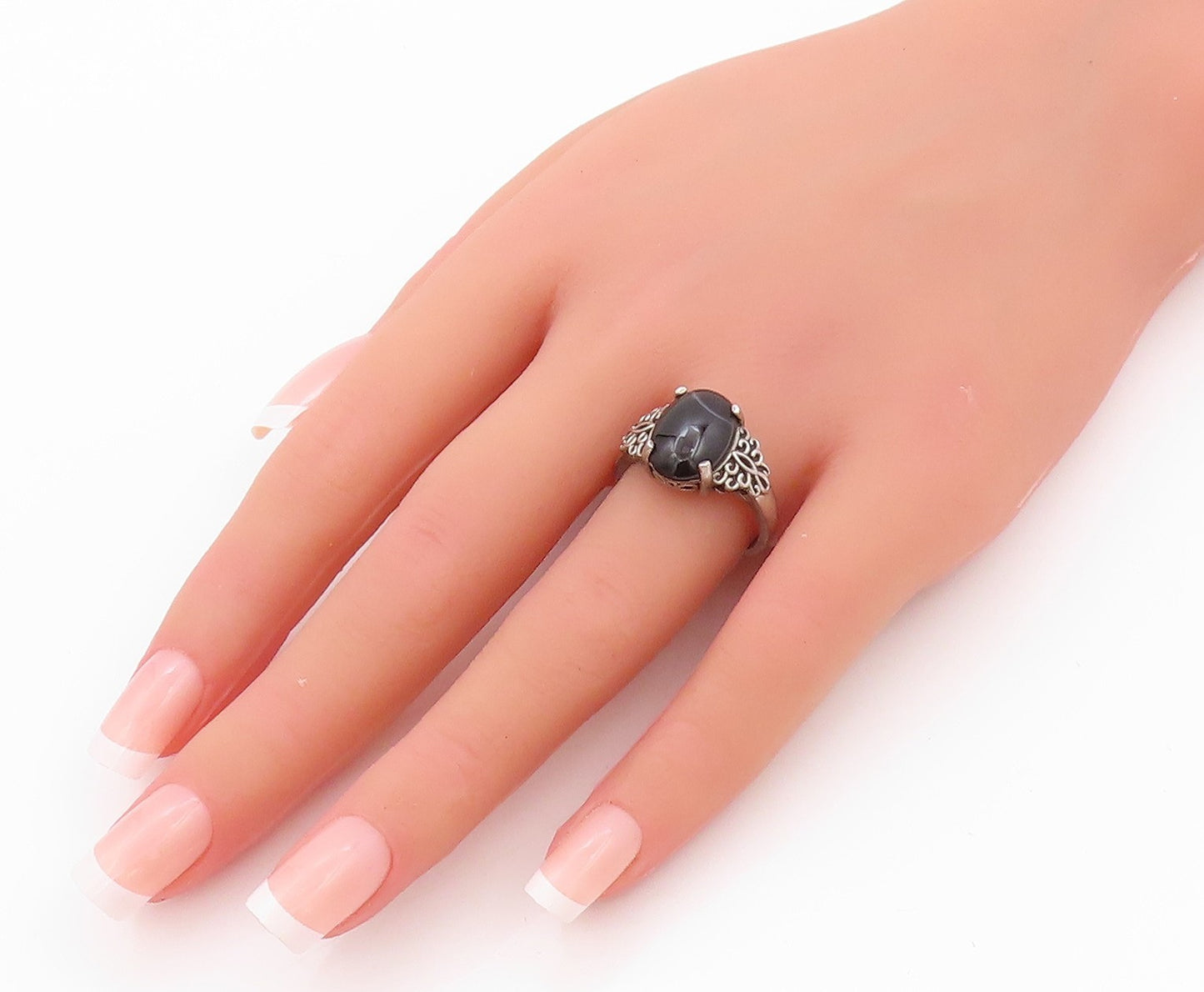925 Sterling Silver Vintage Ring Floral Carved Cabochon Gemstone  SZ 8  RG32238