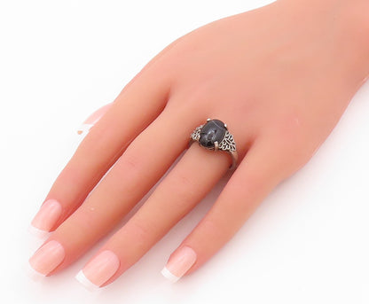 925 Sterling Silver Vintage Ring Floral Carved Cabochon Gemstone  SZ 8  RG32238