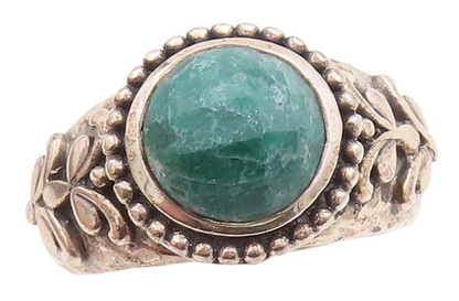 925 Sterling Silver Vintage Ring Round Green Gemstone Swirly Sz 10 RG29719
