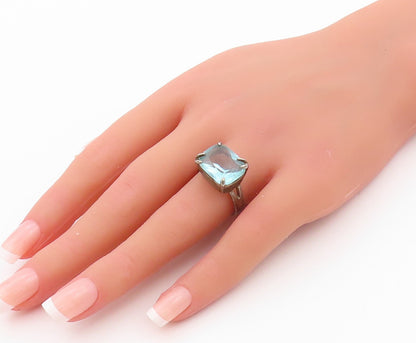 925 Sterling Silver Vintage Ring Rectangle Cut Blue Topaz  SZ 8  RG32179