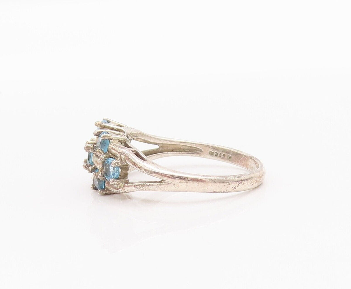 925 Sterling Silver Vintage Ring Carved Blue Round Cut CZ Beaded  Sz 8  RG28292