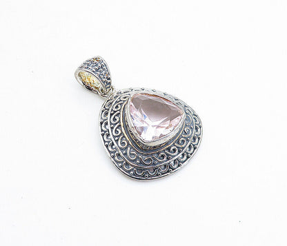 925 Sterling Silver - Vintage Pink Topaz Swirl Border Drop Pendant - PT4852