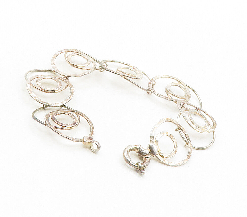 925 Sterling Silver  Vintage Hammered Open Circle Chain Bracelet  BT6116