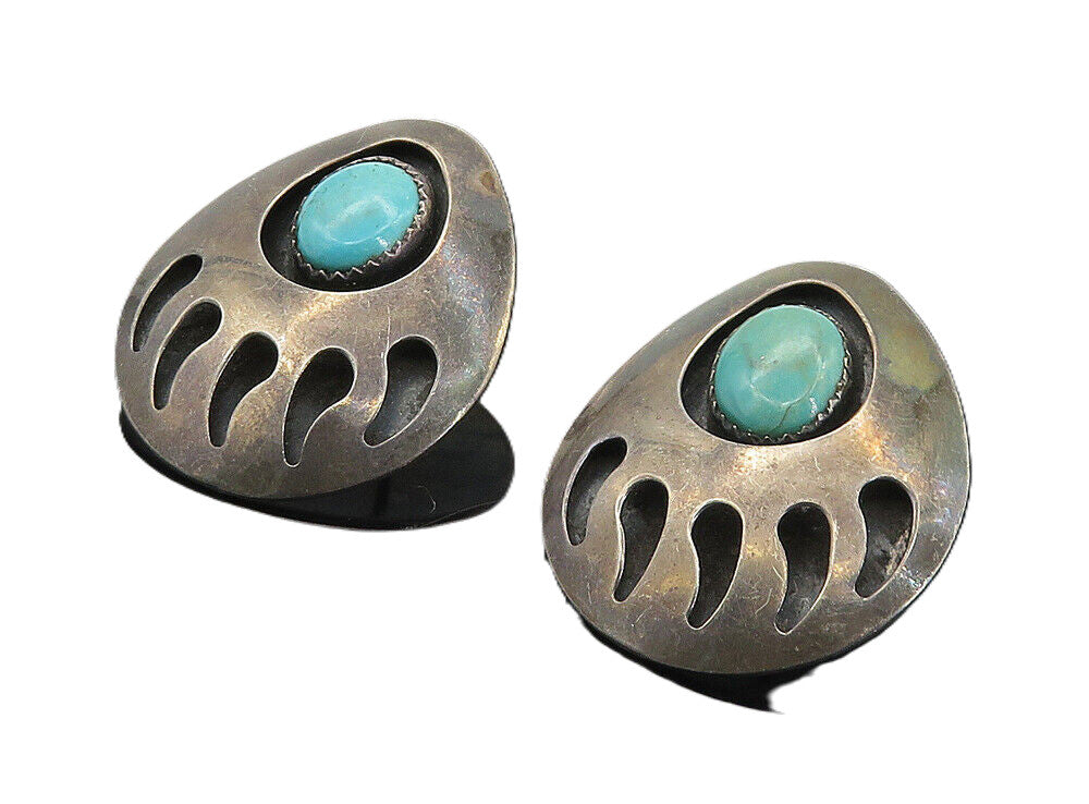 NAVAJO 925 Sterling Silver  Vintage Turquoise Bear Print Drop Earrings  EG3323