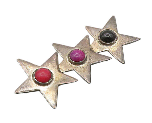 MEXICO 925 Silver  Vintage Black Onyx Sugilite & Coral Stars Brooch Pin BP8319