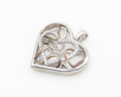 925 Sterling Silver  Topaz Shiny Two Tone Open Love Heart Pendant  PT14616