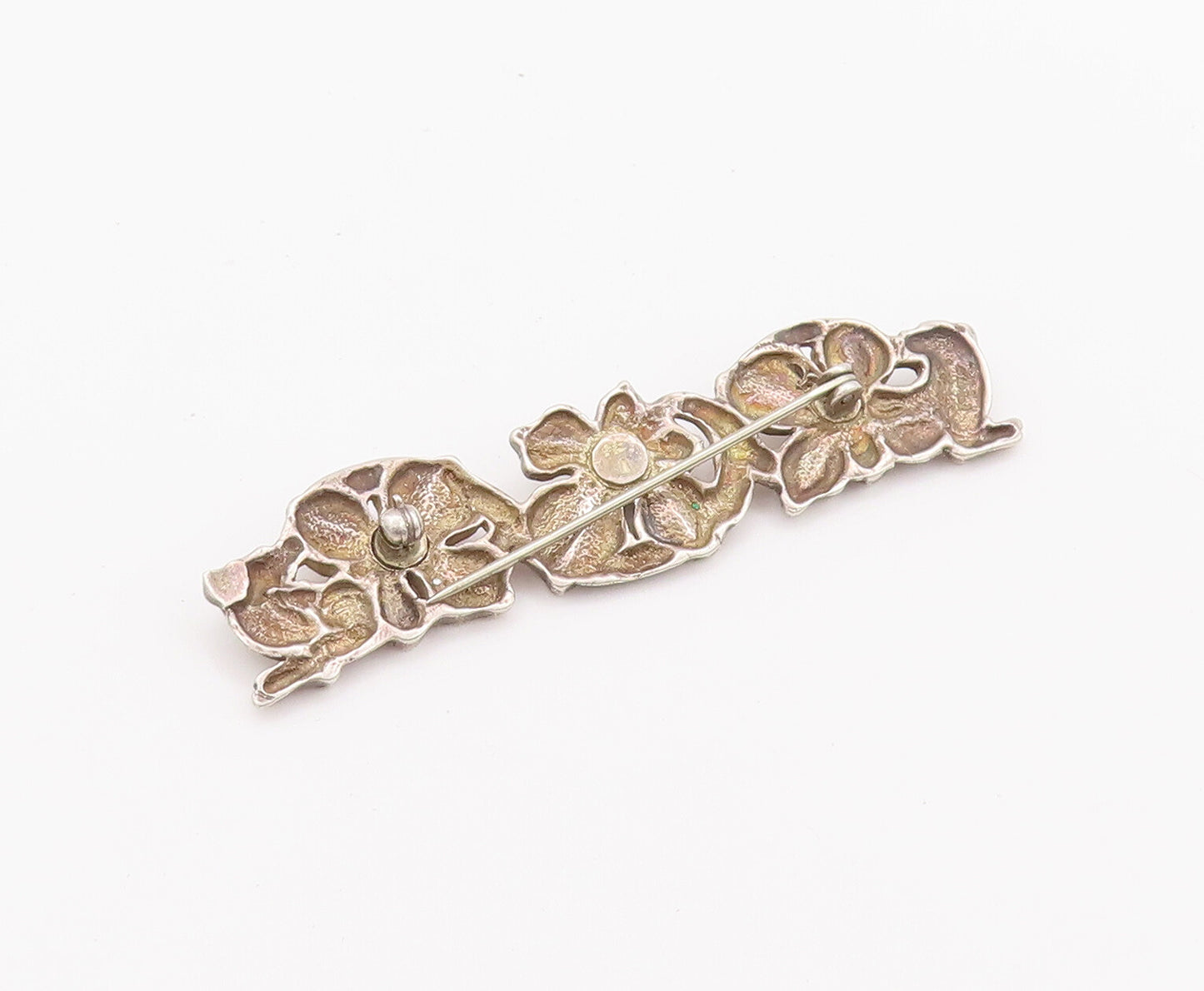 925 Sterling Silver Vintage Brooch Pin Rough Carved Ruby Flowers Row  BP10649