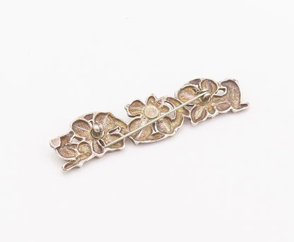 925 Sterling Silver Vintage Brooch Pin Rough Carved Ruby Flowers Row  BP10649