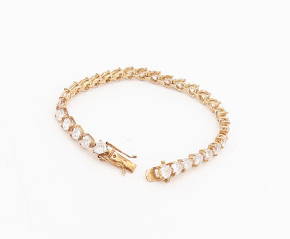 925 Sterling Silver  Vintage Gold Plated Heart Cut CZ Tennis Bracelet  BT9997
