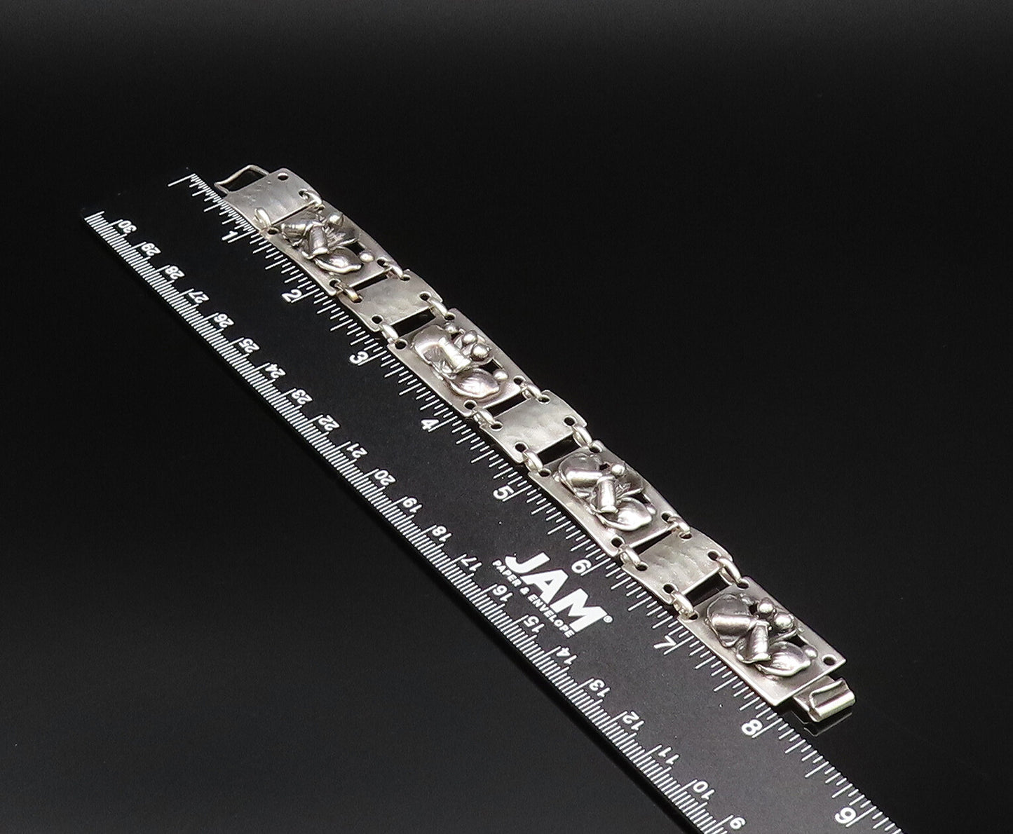 MAX RIEG 925 Silver  Vintage Hammered Rectangle 3D Floral Bracelet  BT9636