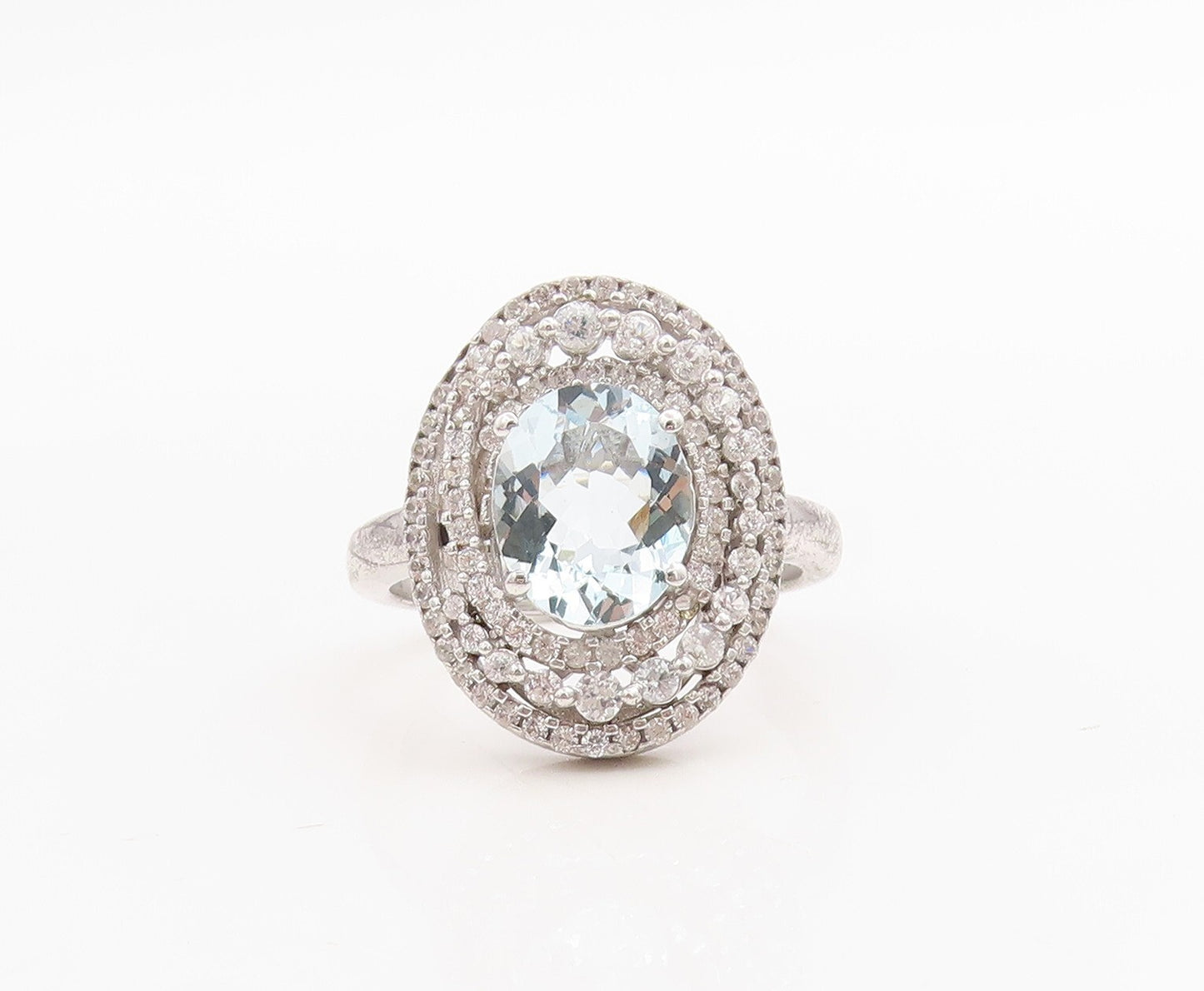 925 Sterling Silver Vintage Ring Oval Blue Halo White Topaz Inlay Sz 8.5 RG30529