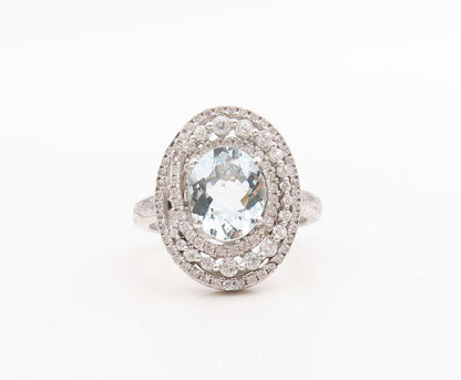 925 Sterling Silver Vintage Ring Oval Blue Halo White Topaz Inlay Sz 8.5 RG30529