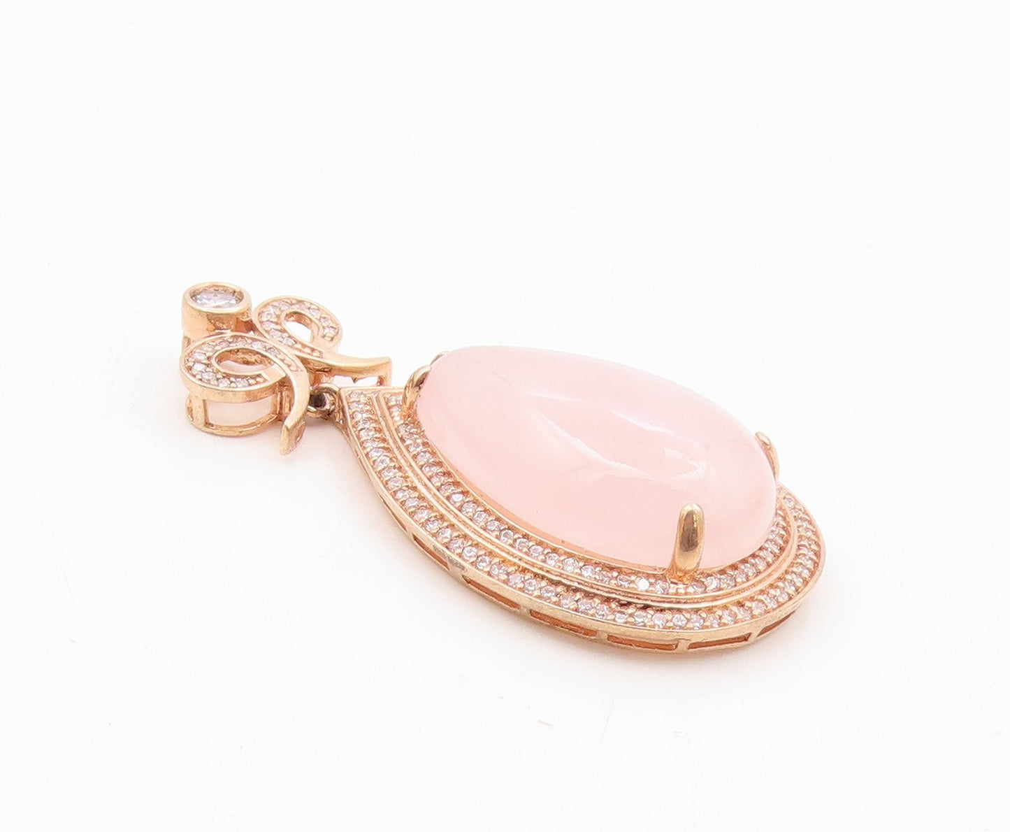 925 Silver  Vintage Rose Quartz & Cubic Zirconia Tear Drop Pendant  PT16956