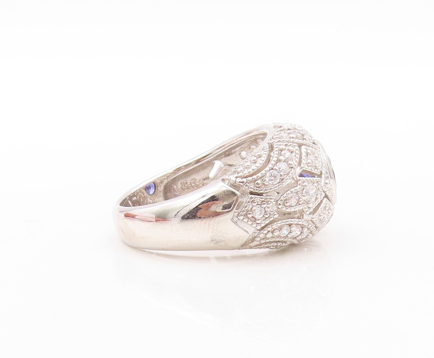 925 Sterling Silver Vintage Ring Designer Cut Sapphire & CZ Inlay Sz 7.5 RG30816