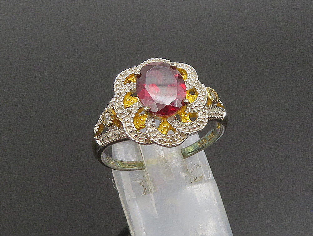 925 Silver  Vintage Two Tone Garnet & Topaz Floral Swirl Ring Sz 10  RG25309